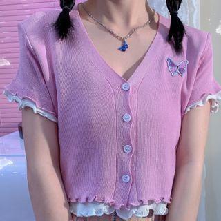 Mock Two-piece Butterfly Embroidered Short-sleeve Cardigan