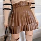 Faux Leather Belted Tiered Pleated Mini A-line Skirt