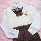 Plain Shirt / Bow Tie / Necktie / Embroidered Cable Knit Vest / Plaid Pleated Skirt / Set