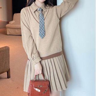 Set: Long-sleeve Collared Pleated Mini A-line Dress + Sweater Vest