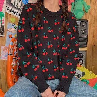 Cherry Print Sweater Red Cherry - Black - One Size