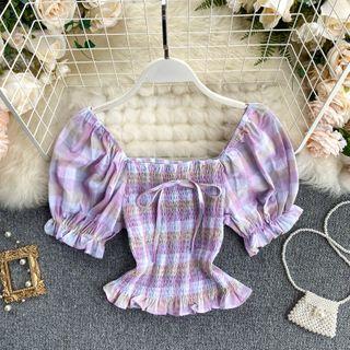 Square-neck Plaid Puff Short-sleeve Top