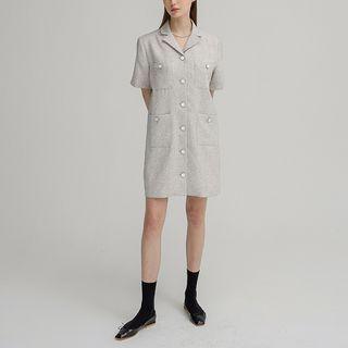 Open-placket Multi-pocket Tweed Dress