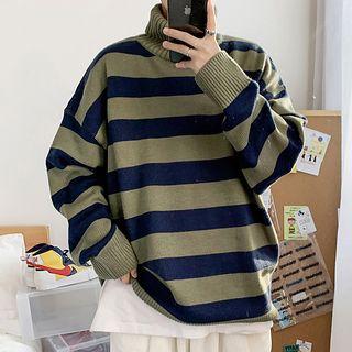 High-neck Striped Knit Sweater