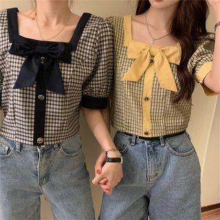 Puff Sleeve Square Neck Bow Accent Check Blouse