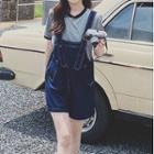 Set: Short-sleeve Contrast Trim T-shirt + Denim Jumper Shorts