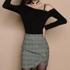 Long-sleeve Off Shoulder Top / Plaid Mini Fitted Skirt