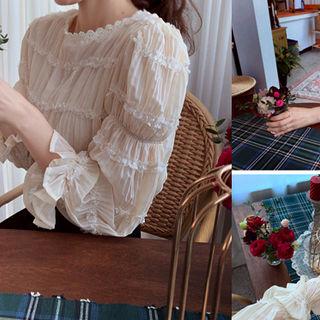 Lace-trim Shirred Top Light Beige - One Size