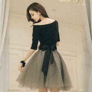 Bow Back Off-shoulder Elbow-sleeve A-line Dress