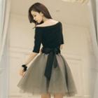 Bow Back Off-shoulder Elbow-sleeve A-line Dress