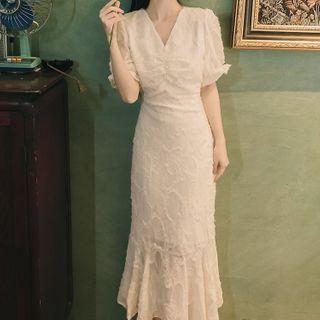 Balloon-sleeve Fringed Ruffled Hem Midi Sheath Dress