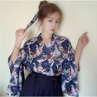 Printed 3/4-sleeve Hanfu Top / Pleated Mini Skirt