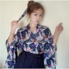 Printed 3/4-sleeve Hanfu Top / Pleated Mini Skirt