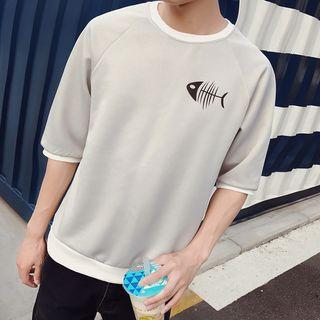 Fishbone Print Elbow-sleeve T-shirt