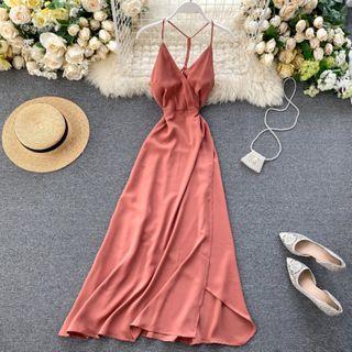 Spaghetti Strap Braided Back Midi A-line Dress