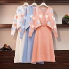 Set: Heart Print Cardigan + Knit Midi A-line Skirt
