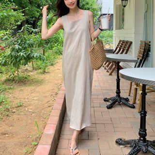 Sleeveless Square Neck Plain Backless Maxi Dress Melange Gray - One Size