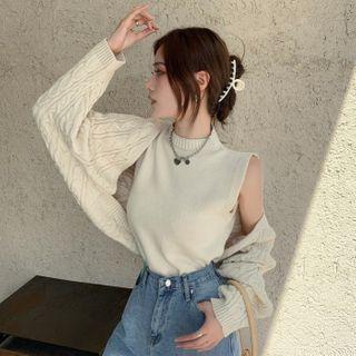 Cardigan / Mock Neck Sleeveless Sweater