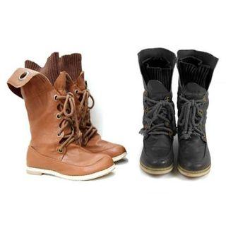 Knit Panel Lace Up Mid Calf Boots