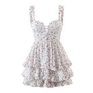 Spaghetti Strap Floral Layered Mini A-line Dress