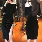 Long-sleeve One-shoulder Split Hem Sheath Dress