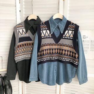 V-neck Knit Vest + Denim Shirt Top