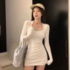 Long-sleeve Scoop-neck Mini Bodycon Dress White - One Size