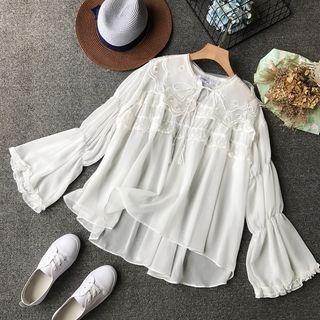 Lace-up Embroidered Long-sleeve Top