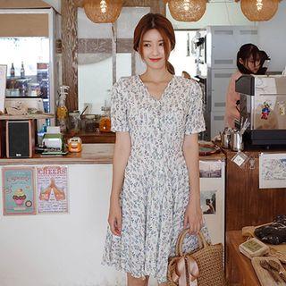 Short-sleeve Tie-waist Floral A-line Dress