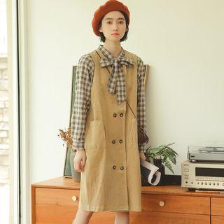 Sleeveless Double-breasted Corduroy Dress Khaki - One Size