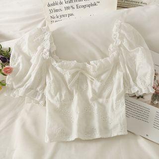 Boatneck Ruffle-trim Crop Blouse White - One Size