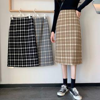 High-waist Woolen Plaid Slit A-line Midi Skirt