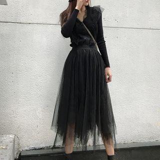 Set: V-neck Knit Top + Midi A-line Mesh Skirt