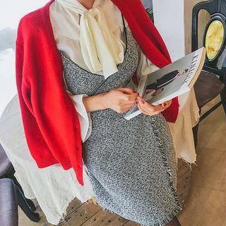 Spaghetti-strap Belted Tweed Wrap Dress