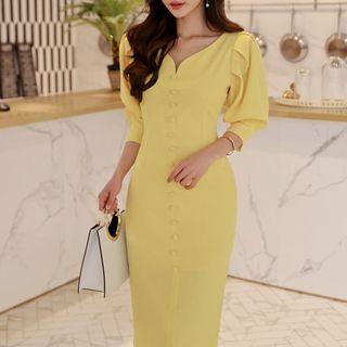 Buttoned 3/4-sleeve Sheath Dress