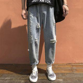 Frayed Hem Ripped Letter Cropped Jeans