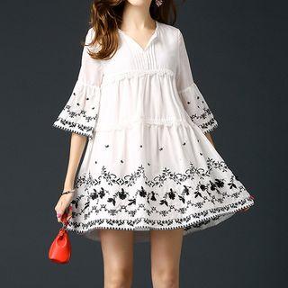 Embroidered V-neck Bell-sleeve Dress