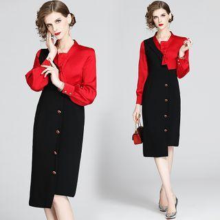 Asymmetric Hem Contrast Color Long-sleeve Midi Sheath Dress