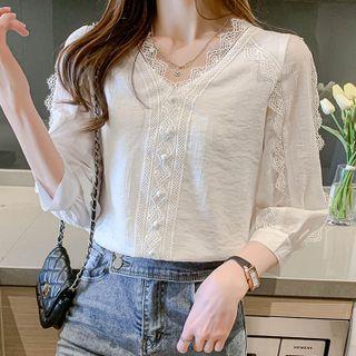 Elbow-sleeve Plain Lace Panel Shirt