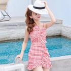 Set: Sleeveless Gingham Knotted Top + Ruffled Mini Fitted Skirt