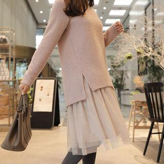 Set: Sweater + Mesh-panel Satin Slipdress