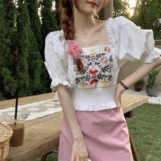 Flower Embroidered Puff-sleeve Blouse / Mini A-line Skirt