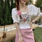 Flower Embroidered Puff-sleeve Blouse / Mini A-line Skirt