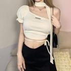 Plain One Shoulder Puff Sleeve Cropped Top