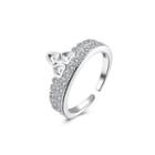 Fashion Bright Crown Heart Shaped Cubic Zircon Adjustable Open Ring Silver - One Size