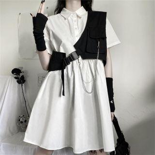 Short Sleeve Plain A-line Shirtdress / Chain Detail Asymmetric Vest