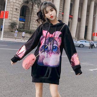 Cat Print Sequined Long Hoodie Black - One Size