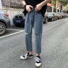 Washed Ripped Straight-cut Cropped Jeans