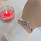 Heart Faux Pearl Alloy Bracelet Sl0501 - Purple Rhinestone - Silver - One Size