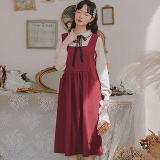 Collared Knit Top / Midi A-line Overall Dress / Set